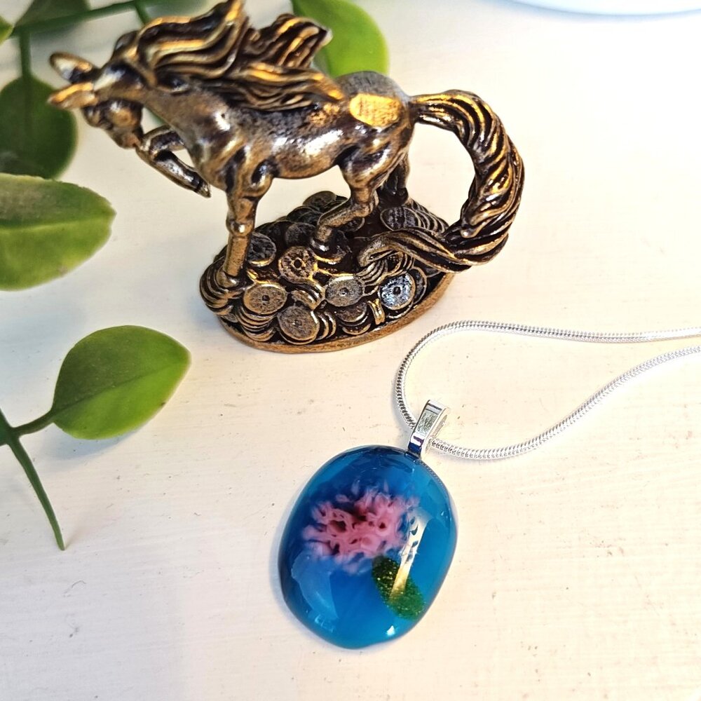 Handmade colorful floral pendant OOAK abstract fused glass Jewelry + necklace